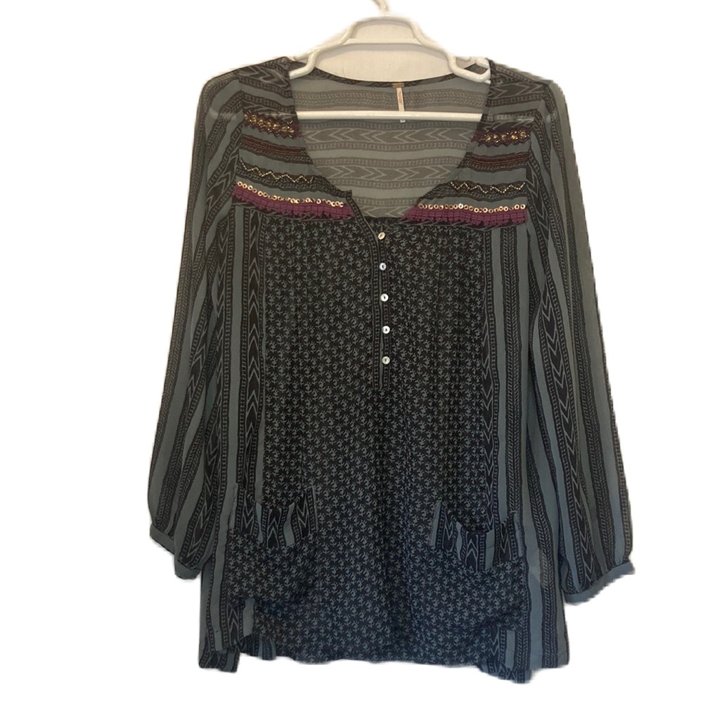 Free People Oversized Beaded Grey & Pink Sheer Tunic Pullover Blouse Size L